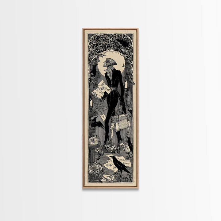 The Mummy Mail Carrier, Decadent Line Art, Tall Narrow Wall Art, Gothic Horror Wall Art, Framed Canvas Print, Halloween Wall Art