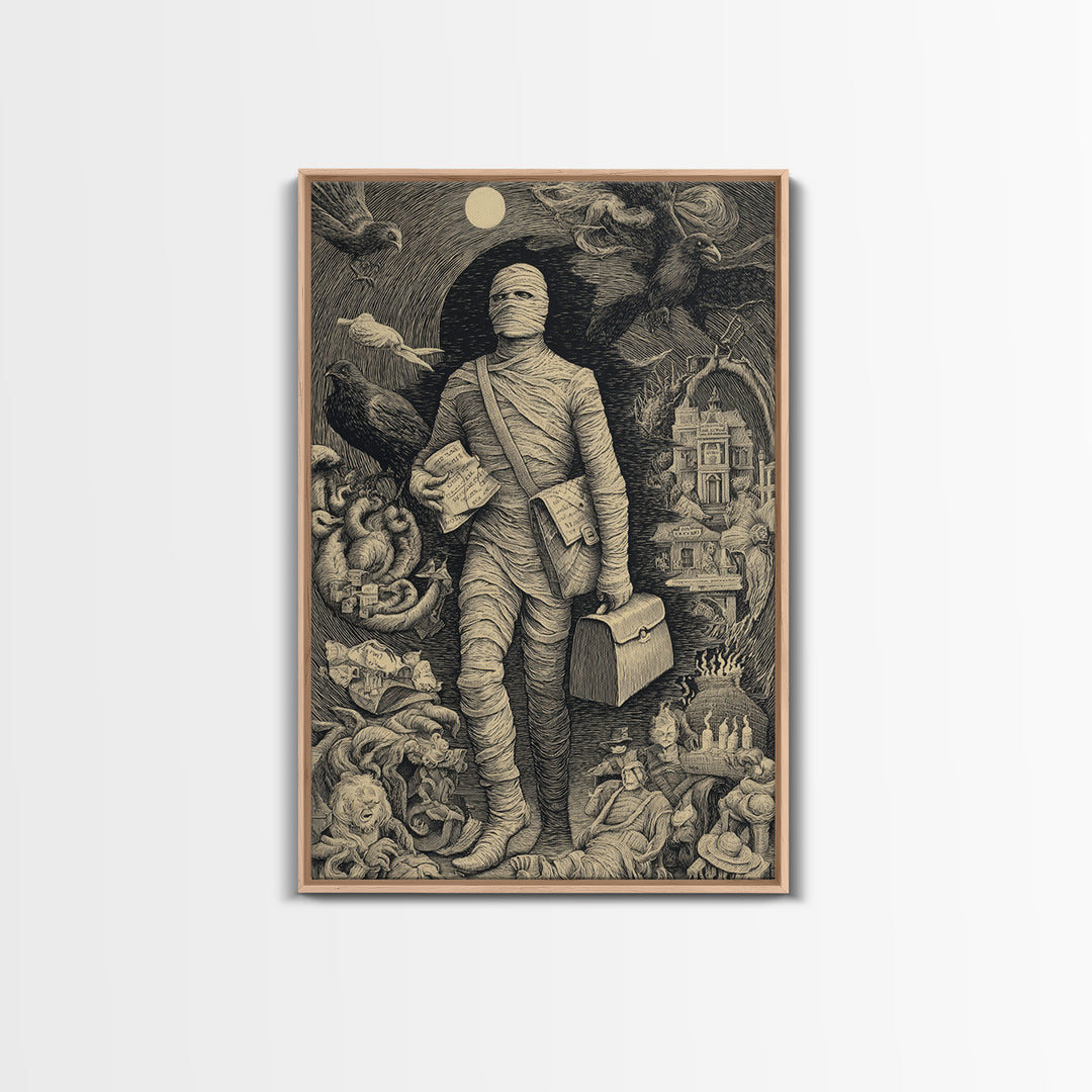 The Mummy Mail Carrier, Victorian Macabre Art, Vertical Wall Art, Gothic Horror Wall Art, Framed Canvas Print, Halloween Wall Art