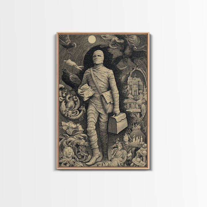 The Mummy Mail Carrier, Victorian Macabre Art, Vertical Wall Art, Gothic Horror Wall Art, Framed Canvas Print, Halloween Wall Art