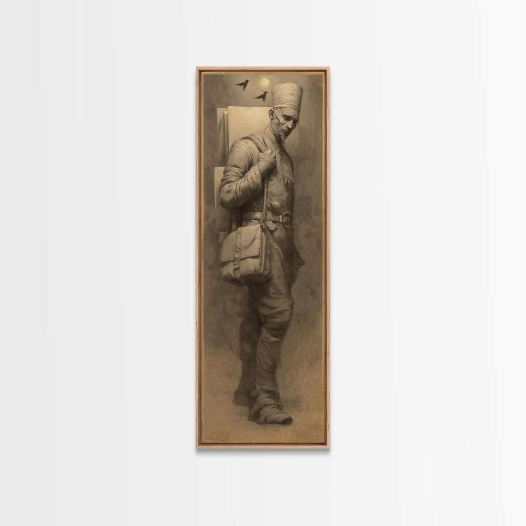 The Mummy Mail Carrier, Surreal Apocalyptic Art, Tall Narrow Wall Art, Gothic Horror Wall Art, Canvas Print, Halloween Wall Art
