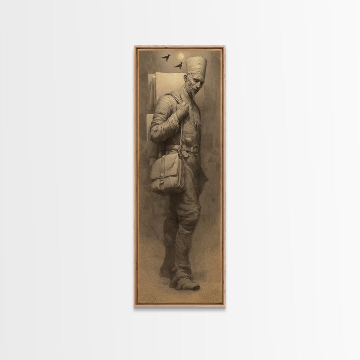 The Mummy Mail Carrier, Surreal Apocalyptic Art, Tall Narrow Wall Art, Gothic Horror Wall Art, Canvas Print, Halloween Wall Art
