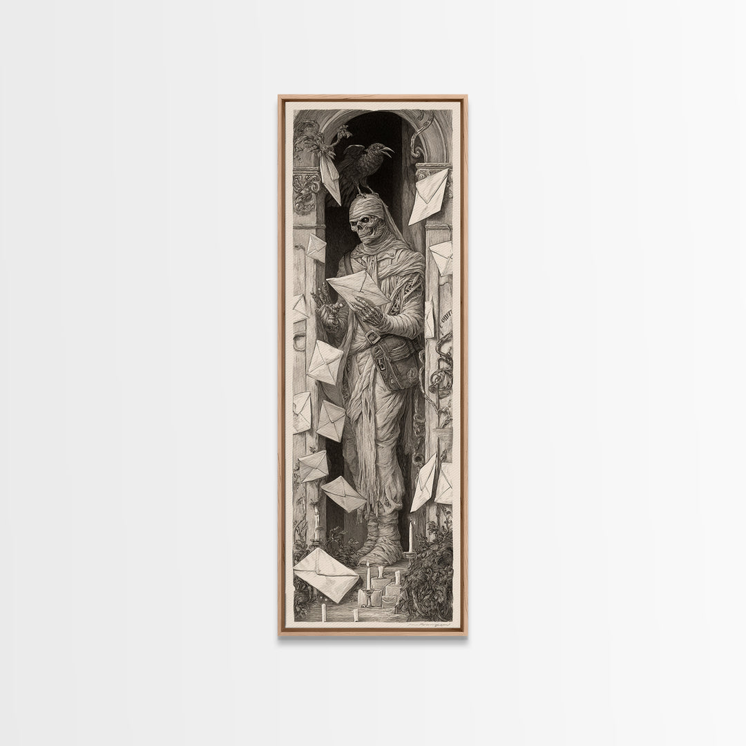 The Mummy Mail Carrier, Biomechanical Horror Art, Tall Narrow Wall Art, Dark Fantasy Wall Art, Framed Canvas Print, Halloween Wall Art