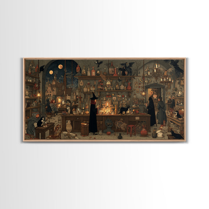 The Witch'S Cat Cafe, Northern Renaissance Horror, Wide Panoramic Art, Gothic Horror Wall Art, Framed Canvas Print
