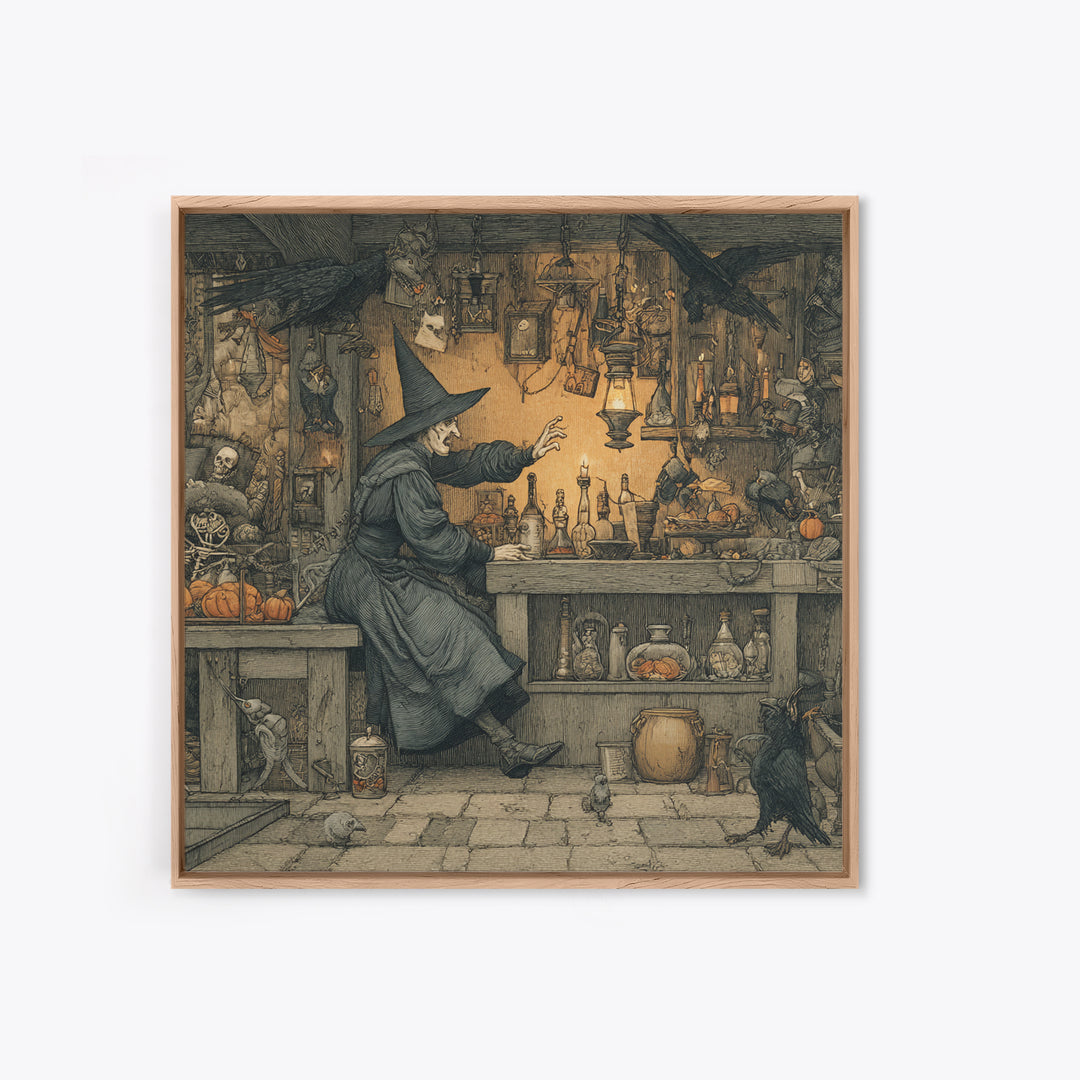 The Witch'S Cat Cafe, Danse Macabre Art, Square Wall Art, Dark Fantasy Wall Art, Framed Canvas Print, Halloween Wall Art