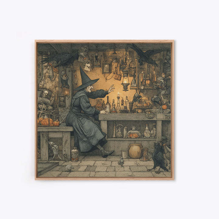 The Witch'S Cat Cafe, Danse Macabre Art, Square Wall Art, Dark Fantasy Wall Art, Framed Canvas Print, Halloween Wall Art
