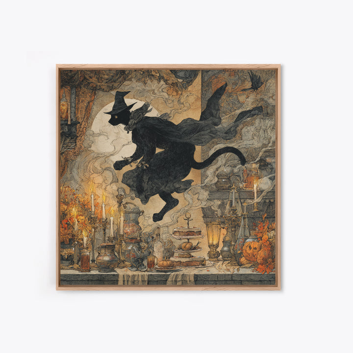 The Witch'S Cat Cafe, Baroque Witchcraft Art, Square Wall Art, Dark Halloween Decor, Framed Canvas Print, Halloween Wall Art