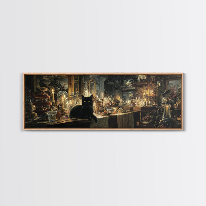 The Witch'S Cat Cafe, Visionary Gothic Art, Extra Wide Wall Art, Dark Fantasy Wall Art, Canvas Print, Halloween Wall Art