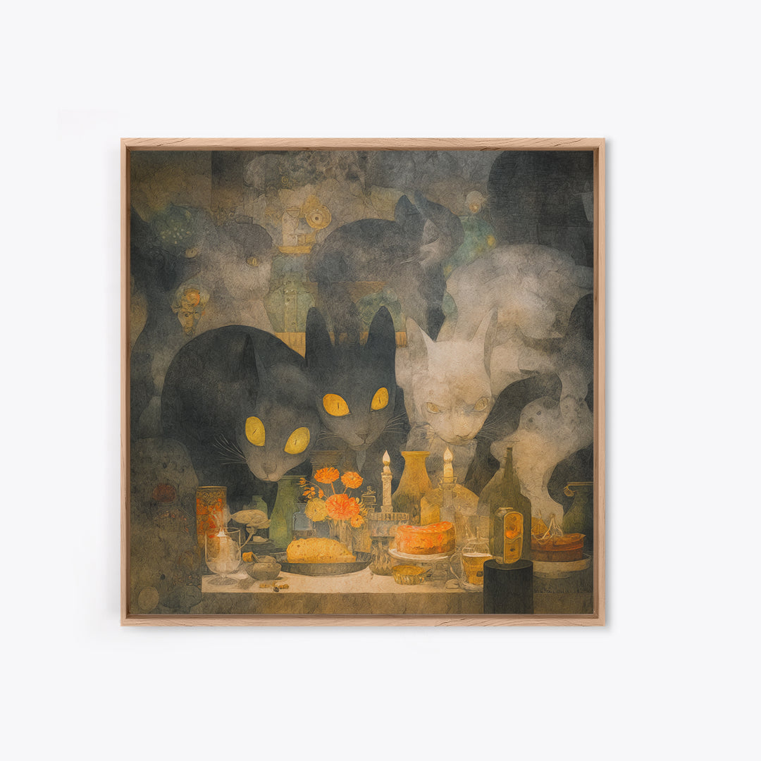 The Witch'S Cat Cafe, Symbolist Dream Art, Square Wall Art, Macabre Wall Art, Framed Canvas Print, Halloween Wall Art, Horror Wall Art