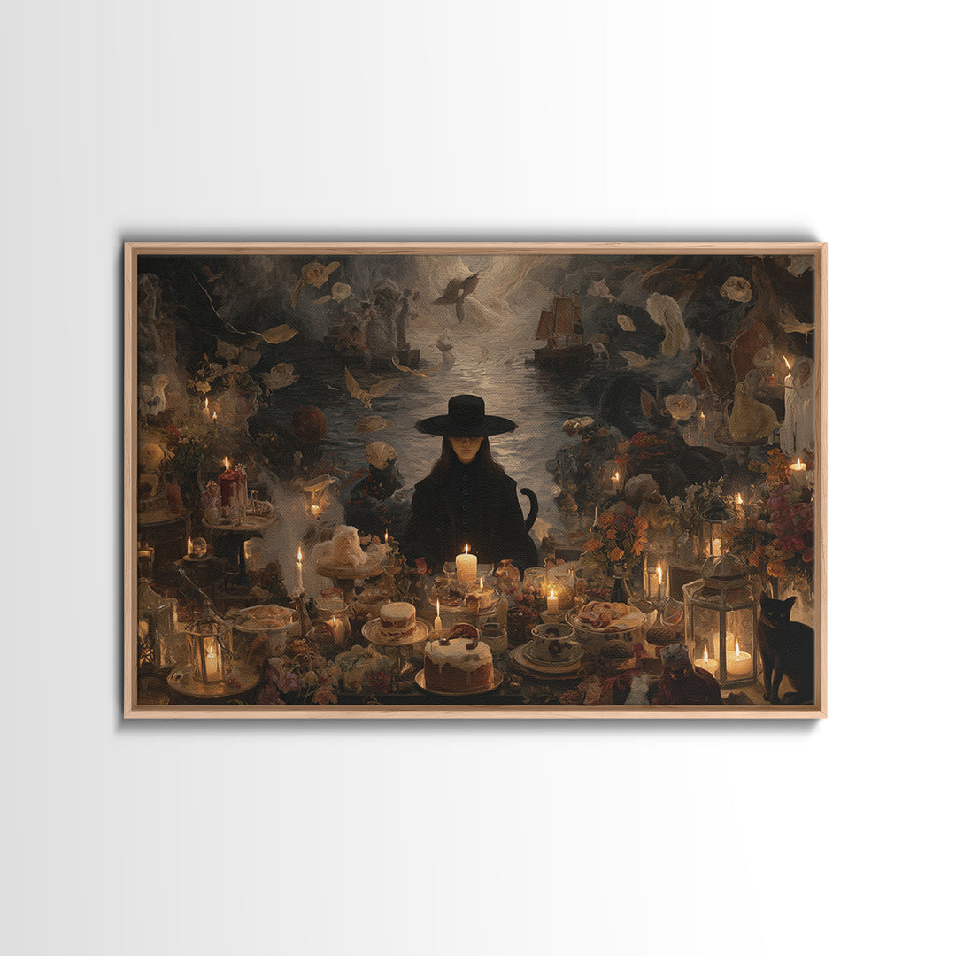 The Witch'S Cat Cafe, Symbolist Gothic Landscape, Landscape Wall Art, Gothic Horror Wall Art, Canvas Print, Halloween Wall Art