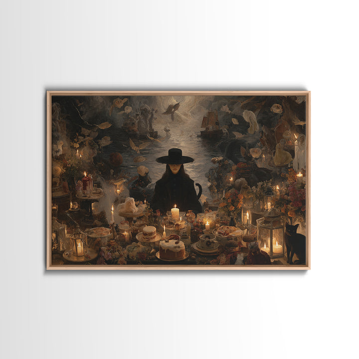 The Witch'S Cat Cafe, Symbolist Gothic Landscape, Landscape Wall Art, Gothic Horror Wall Art, Canvas Print, Halloween Wall Art
