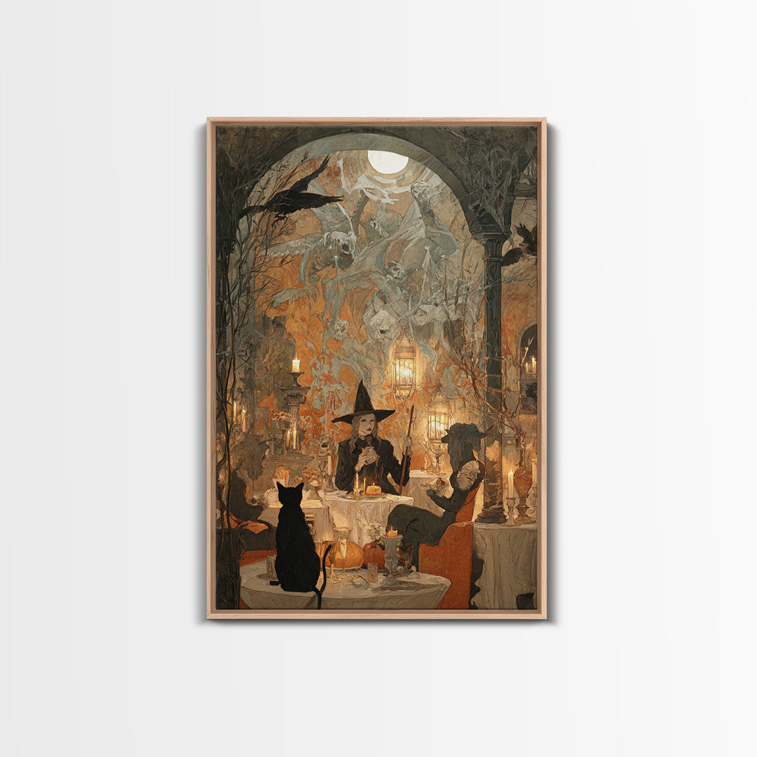 The Witch'S Cat Cafe, Decadent Gothic Art, Vertical Wall Art, Gothic Horror Wall Art, Framed Canvas Print, Halloween Wall Art