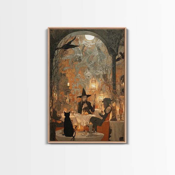 The Witch'S Cat Cafe, Decadent Gothic Art, Vertical Wall Art, Gothic Horror Wall Art, Framed Canvas Print, Halloween Wall Art