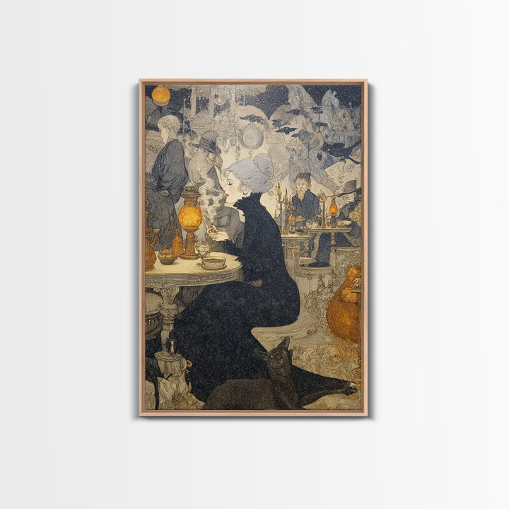 The Witch'S Cat Cafe, Symbolist Death Art, Vertical Wall Art, Gothic Horror Wall Art, Canvas Print, Halloween Wall Art
