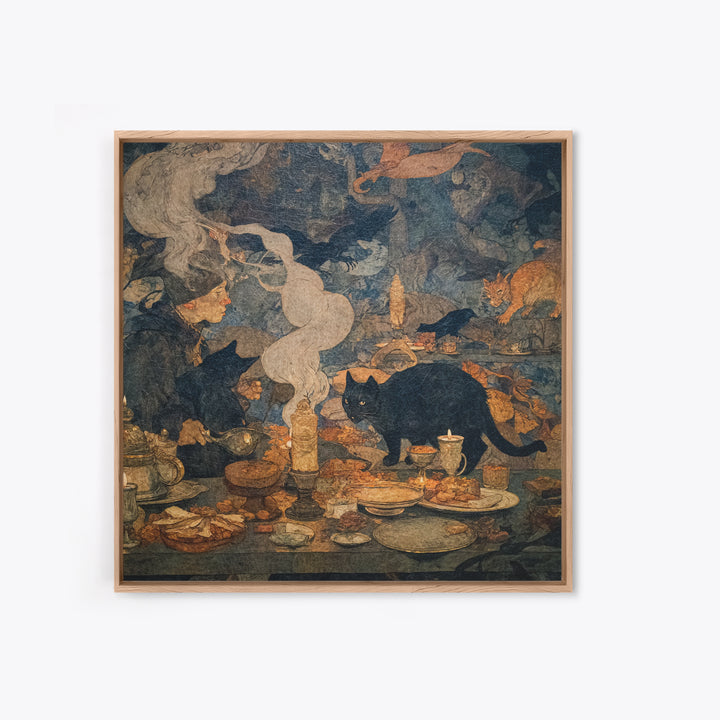 The Witch'S Cat Cafe, Dark Symbolist Art, Square Wall Art, Dark Halloween Decor, Framed Canvas Print, Halloween Wall Art