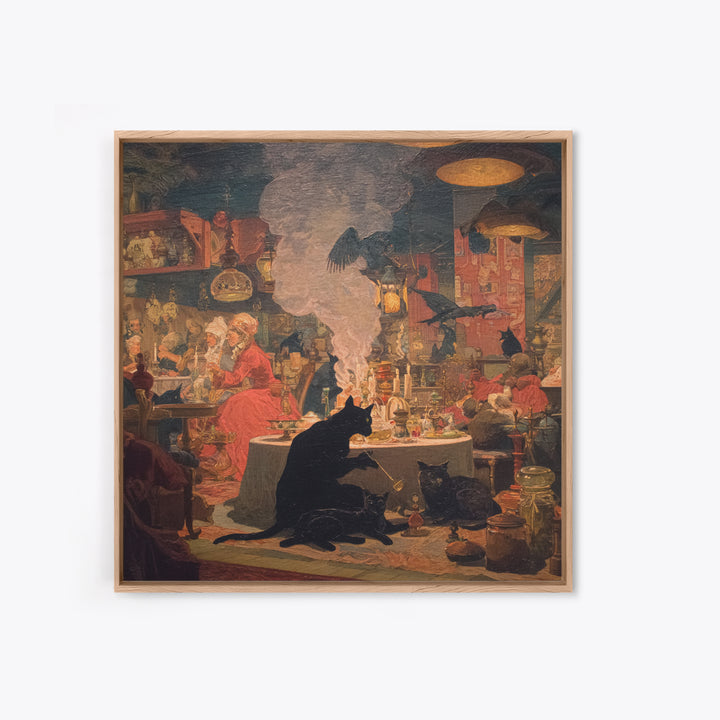 The Witch'S Cat Cafe, Symbolist Etching Art, Square Wall Art, Dark Halloween Decor, Canvas Print, Halloween Wall Art, Gothic Home Decor