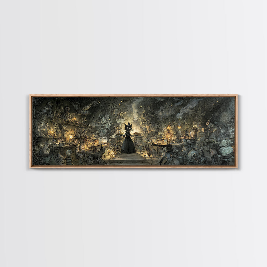 The Witch'S Cat Cafe, Expressionist Nightmare Art, Extra Wide Wall Art, Dark Halloween Decor, Canvas Print, Halloween Wall Art