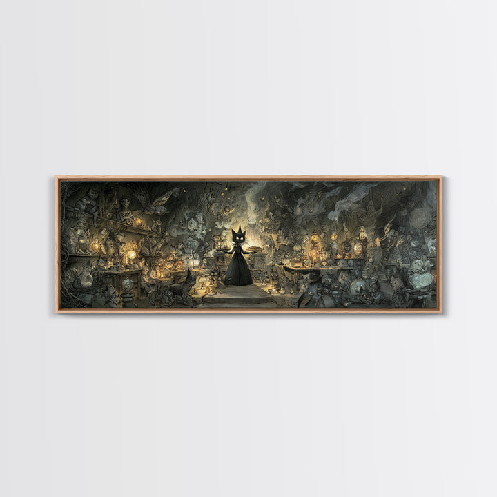 The Witch'S Cat Cafe, Expressionist Nightmare Art, Extra Wide Wall Art, Dark Halloween Decor, Canvas Print, Halloween Wall Art