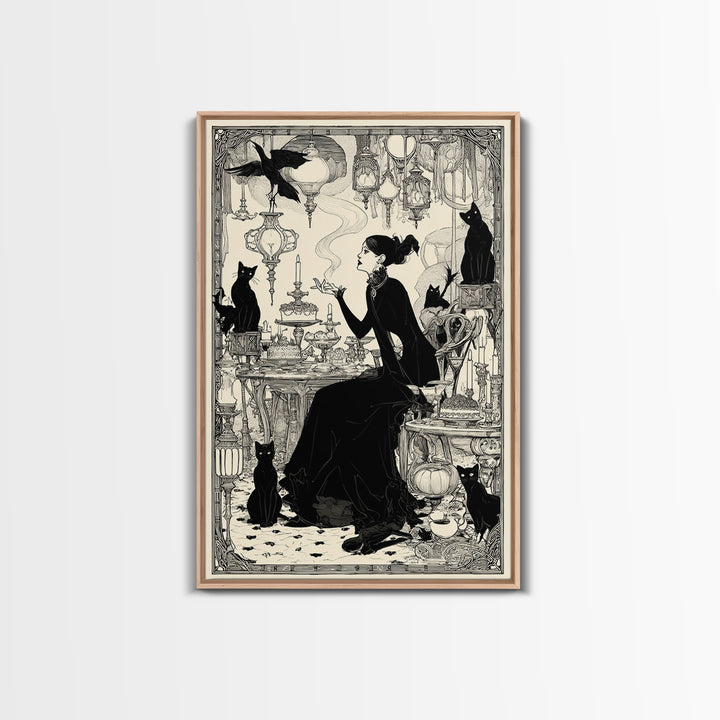 The Witch'S Cat Cafe, Decadent Line Art, Vertical Wall Art, Gothic Horror Wall Art, Framed Canvas Print, Halloween Wall Art