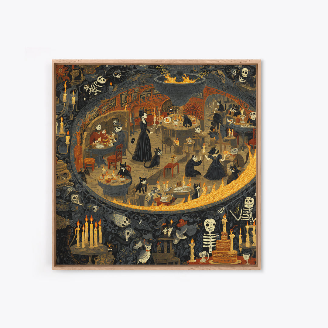 The Witch'S Cat Cafe, Macabre Folk Print Art, Square Wall Art, Macabre Wall Art, Framed Canvas Print, Halloween Wall Art