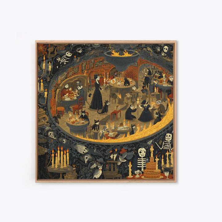 The Witch'S Cat Cafe, Macabre Folk Print Art, Square Wall Art, Macabre Wall Art, Framed Canvas Print, Halloween Wall Art