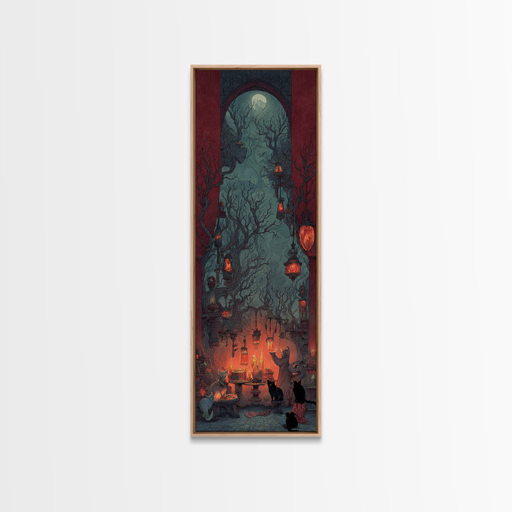 The Witch'S Cat Cafe, Surreal Apocalyptic Art, Tall Narrow Wall Art, Dark Fantasy Wall Art, Framed Canvas Print, Halloween Wall Art