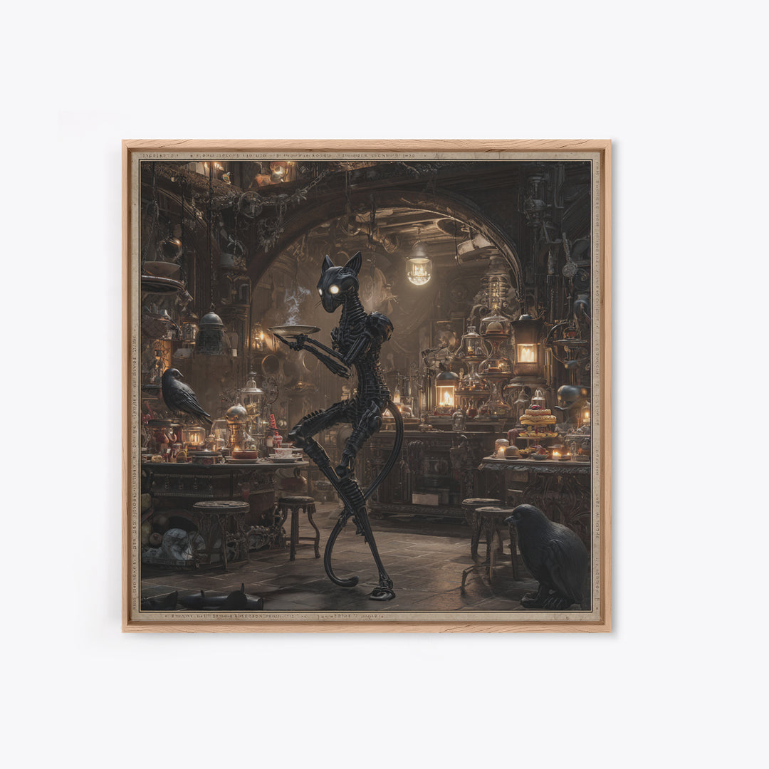The Witch'S Cat Cafe, Biomechanical Horror Art, Square Wall Art, Dark Halloween Decor, Framed Canvas Print, Halloween Wall Art