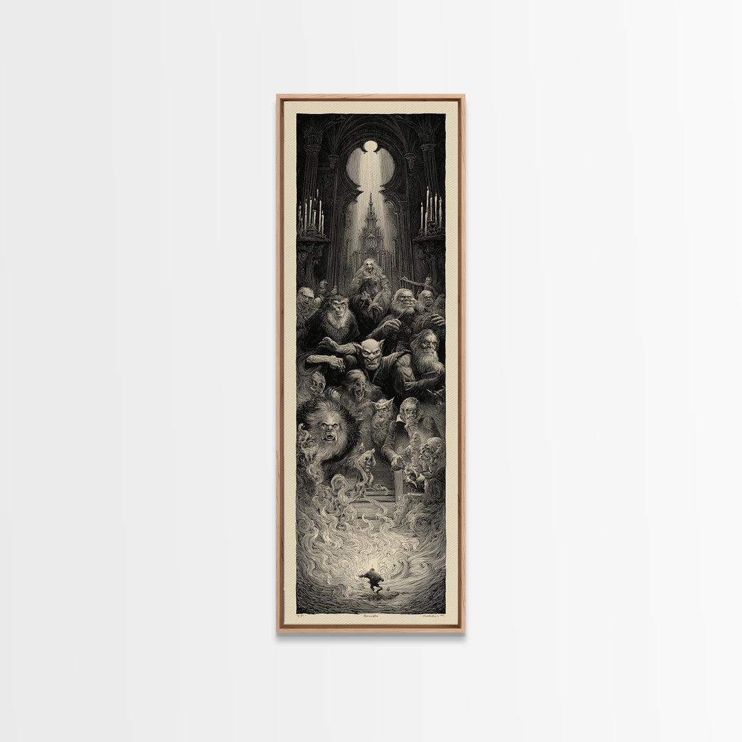 The Monster Family Portrait, Gothic Engraving Art, Tall Narrow Wall Art, Dark Halloween Decor, Canvas Print, Halloween Wall Art