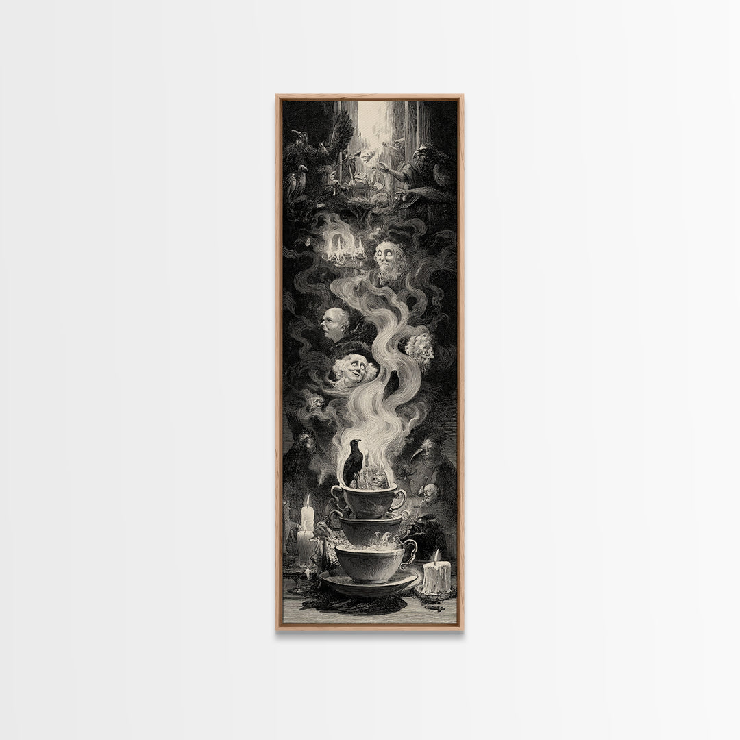 Tiny Ghosts In Teacups, Gothic Engraving Art, Tall Narrow Wall Art, Dark Fantasy Wall Art, Framed Canvas Print, Halloween Wall Art
