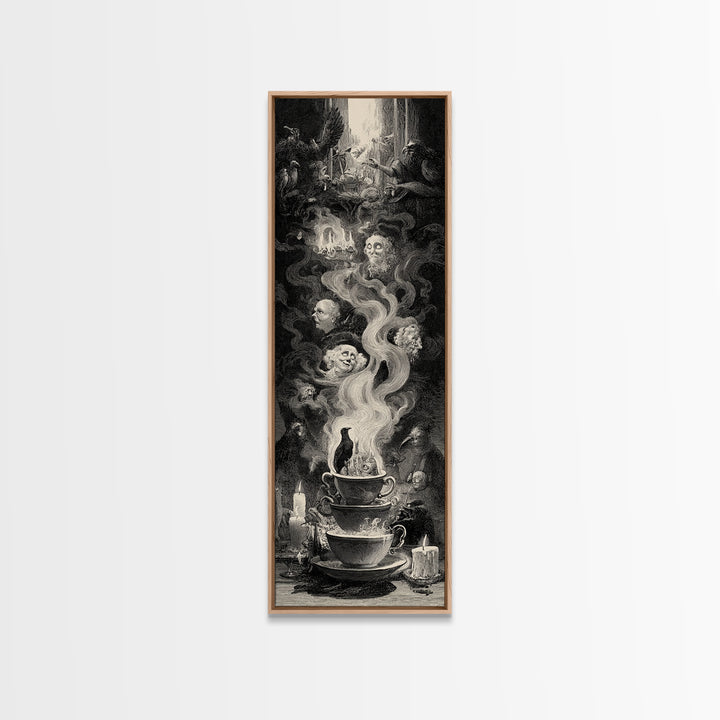 Tiny Ghosts In Teacups, Gothic Engraving Art, Tall Narrow Wall Art, Dark Fantasy Wall Art, Framed Canvas Print, Halloween Wall Art