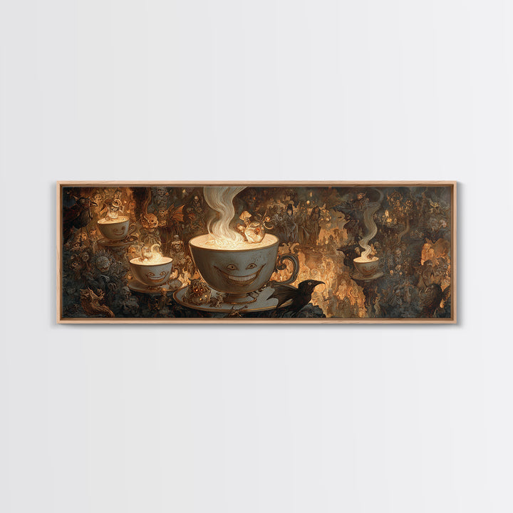 Tiny Ghosts In Teacups, Medieval Grotesque Art, Extra Wide Wall Art, Dark Halloween Decor, Framed Canvas Print, Halloween Wall Art
