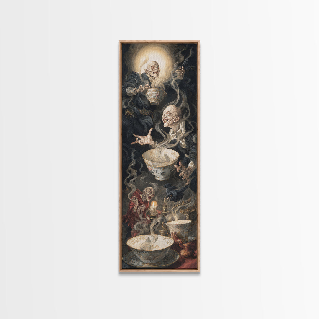 Tiny Ghosts In Teacups, Dark Renaissance Art, Tall Narrow Wall Art, Dark Halloween Decor, Framed Canvas Print, Halloween Wall Art