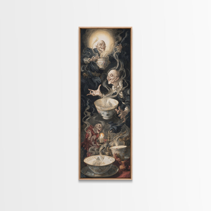 Tiny Ghosts In Teacups, Dark Renaissance Art, Tall Narrow Wall Art, Dark Halloween Decor, Framed Canvas Print, Halloween Wall Art