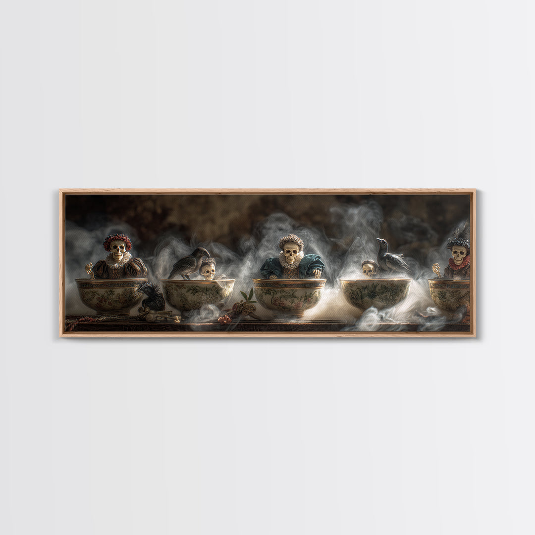 Tiny Ghosts In Teacups, Danse Macabre Art, Extra Wide Wall Art, Dark Fantasy Wall Art, Framed Canvas Print