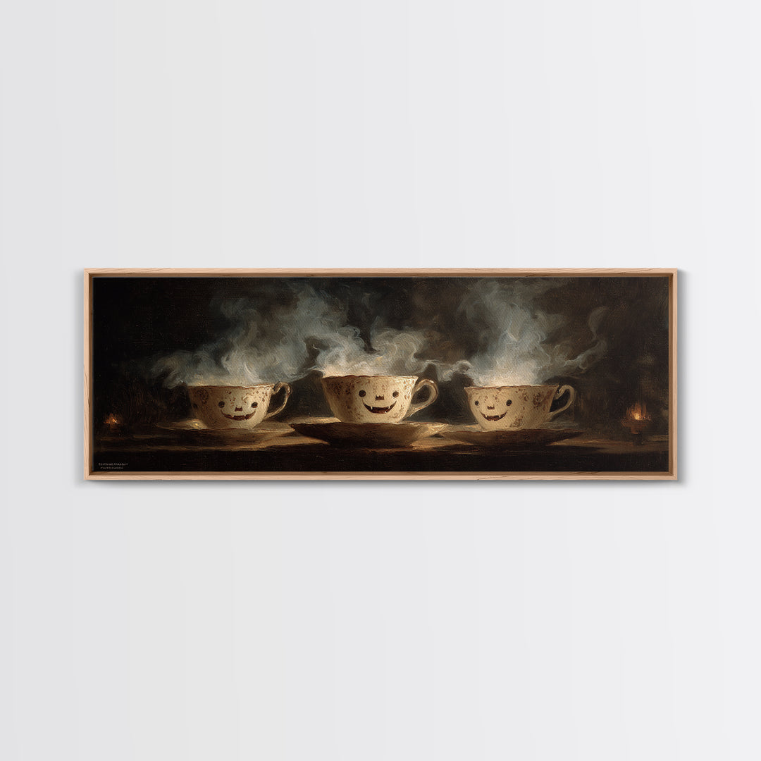 Tiny Ghosts In Teacups, Dark Romantic Horror Art, Extra Wide Wall Art, Macabre Wall Art, Canvas Print, Halloween Wall Art
