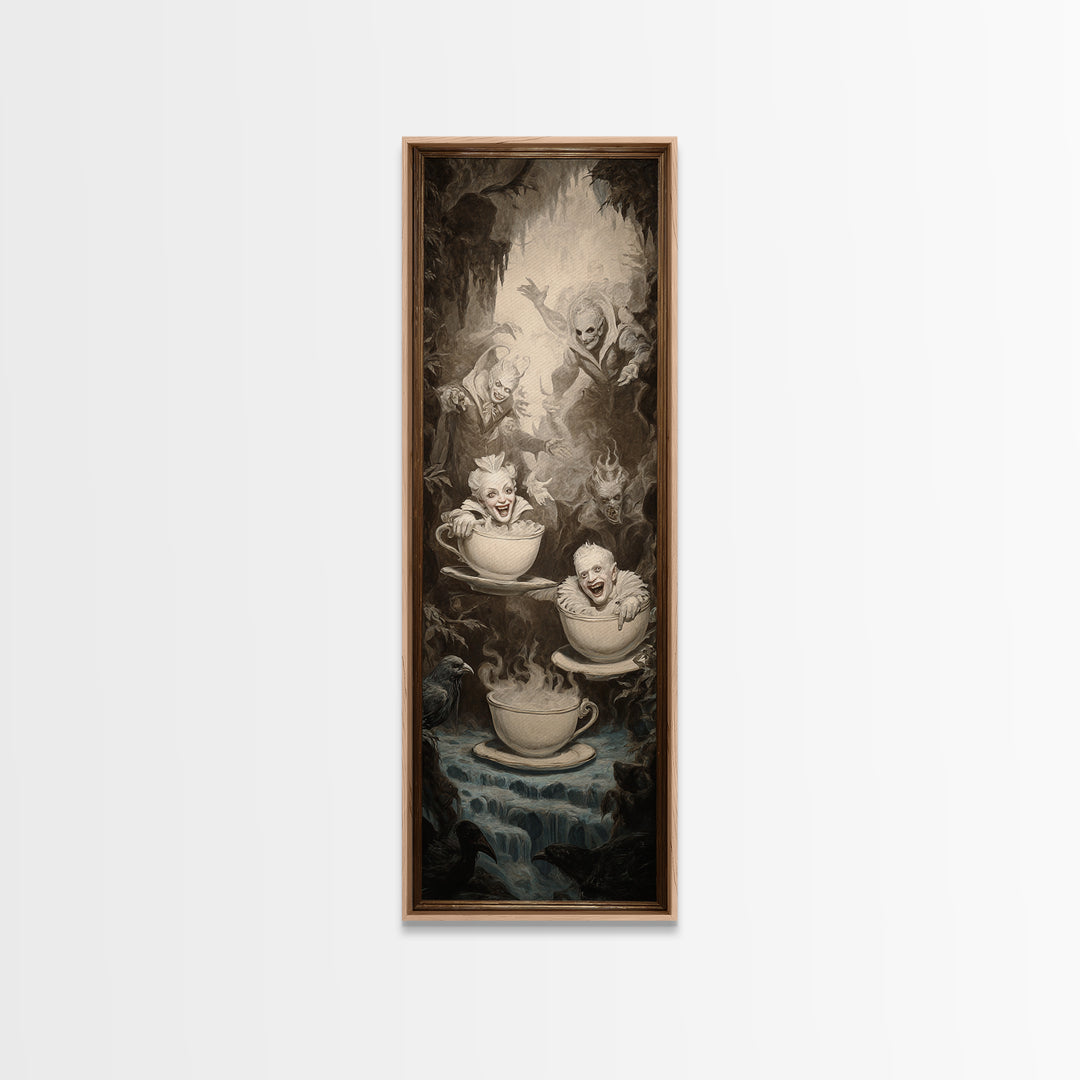 Tiny Ghosts In Teacups, Gothic Nightmare Art, Tall Narrow Wall Art, Macabre Wall Art, Framed Canvas Print, Halloween Wall Art