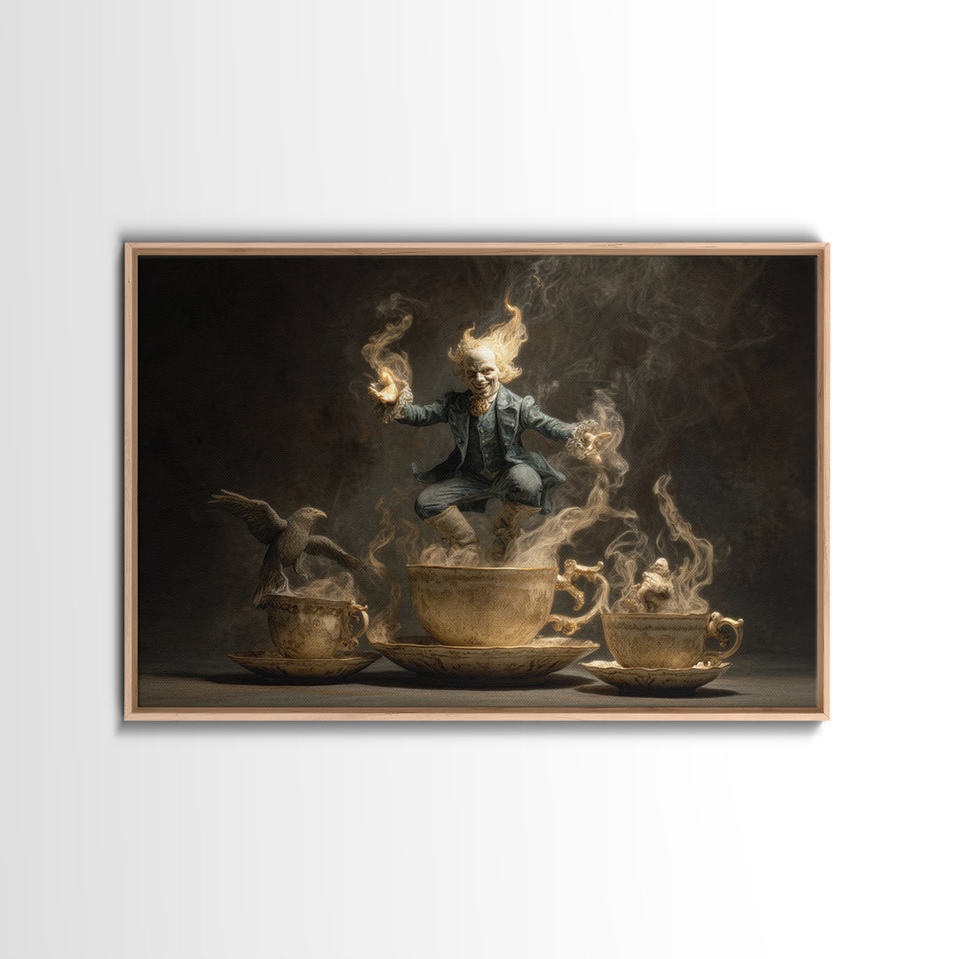 Tiny Ghosts In Teacups, Visionary Gothic Art, Landscape Wall Art, Dark Halloween Decor, Framed Canvas Print, Halloween Wall Art