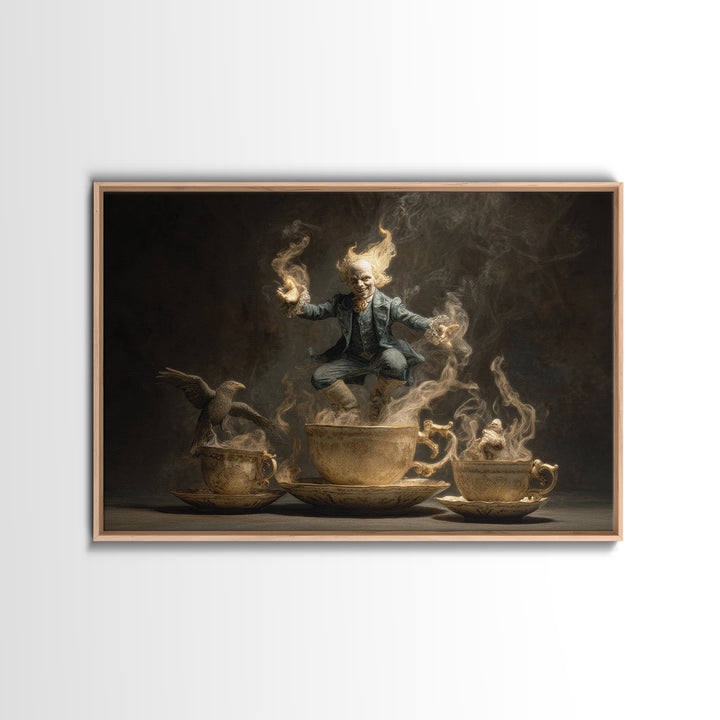 Tiny Ghosts In Teacups, Visionary Gothic Art, Landscape Wall Art, Dark Halloween Decor, Framed Canvas Print, Halloween Wall Art