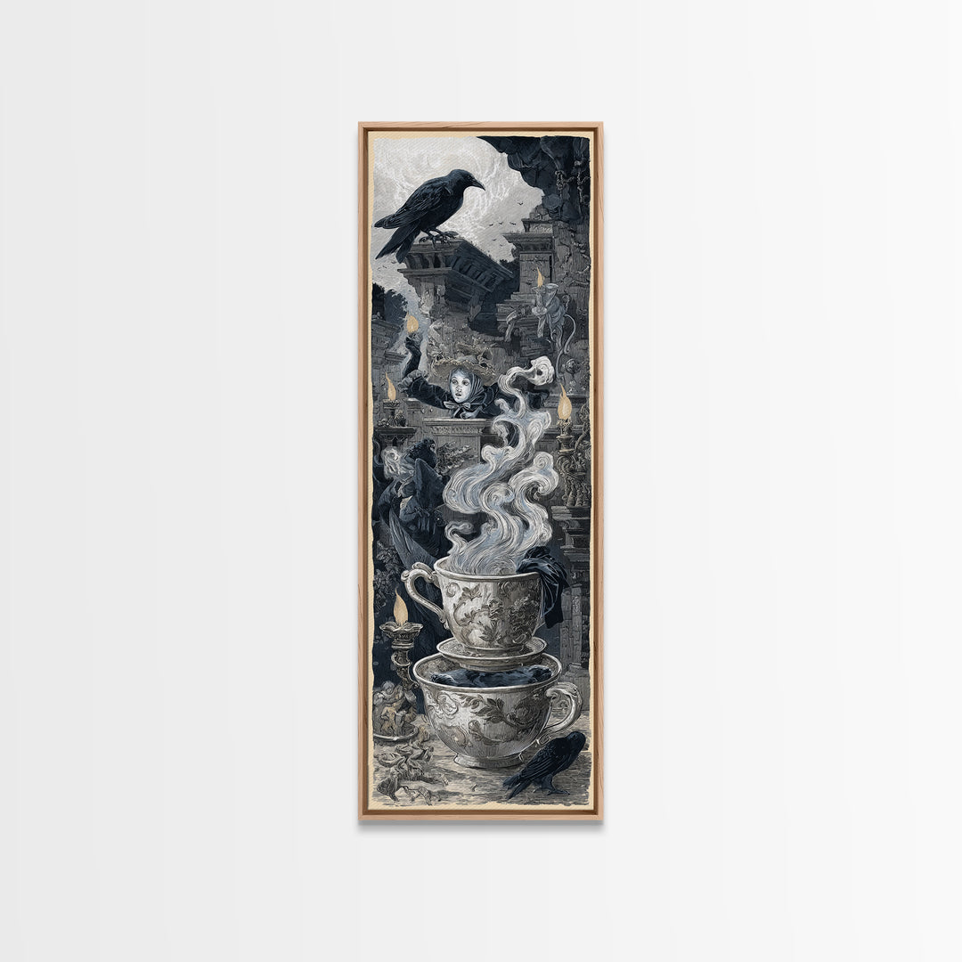 Tiny Ghosts In Teacups, Architectural Etching Art, Tall Narrow Wall Art, Dark Fantasy Wall Art, Framed Canvas Print
