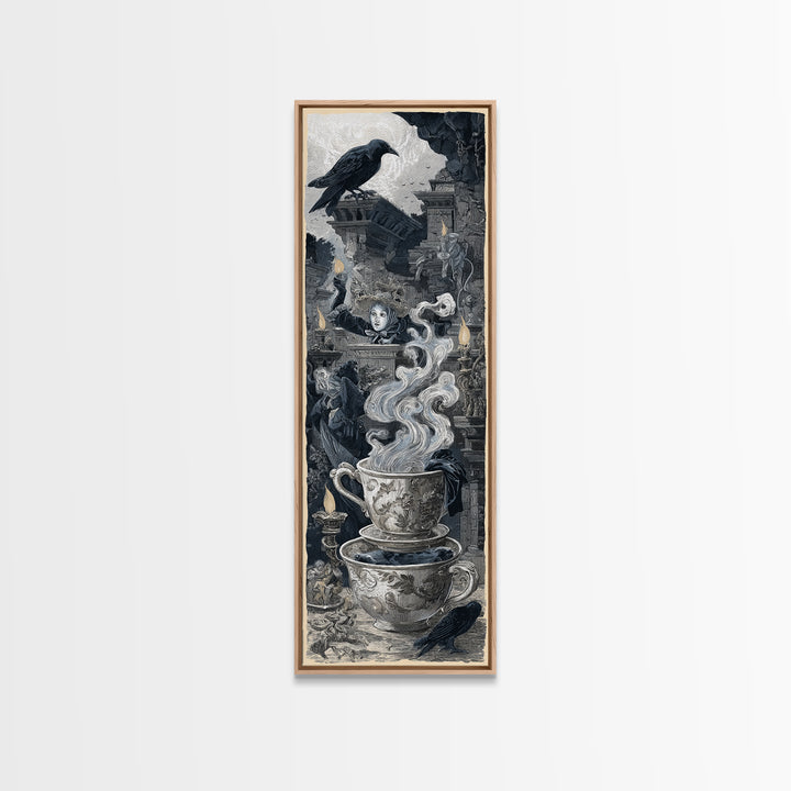 Tiny Ghosts In Teacups, Architectural Etching Art, Tall Narrow Wall Art, Dark Fantasy Wall Art, Framed Canvas Print