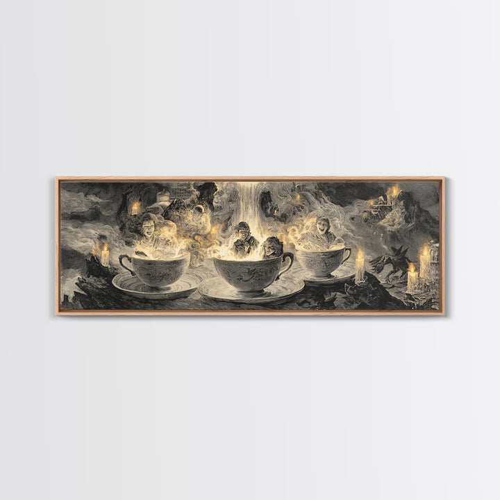 Tiny Ghosts In Teacups, Apocalyptic Romantic Art, Extra Wide Wall Art, Macabre Wall Art, Canvas Print, Halloween Wall Art, Dark Fantasy Art