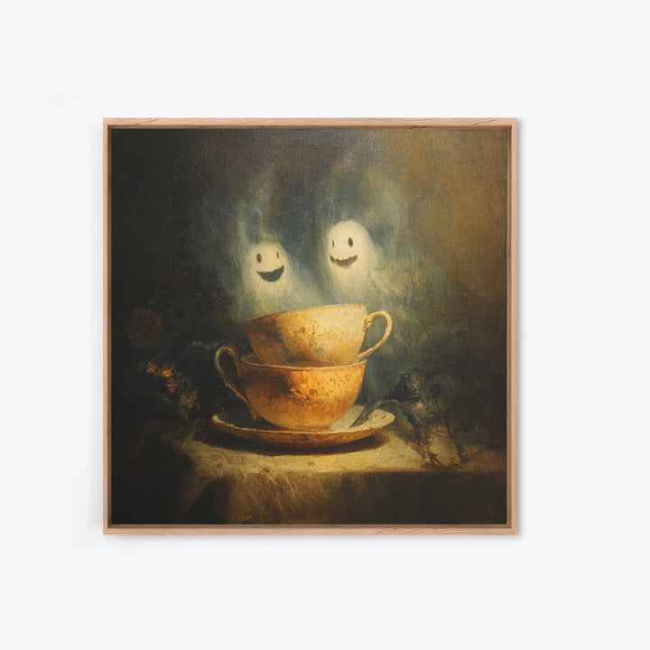 Tiny Ghosts In Teacups, Symbolist Dream Art, Square Wall Art, Dark Halloween Decor, Canvas Print, Halloween Wall Art
