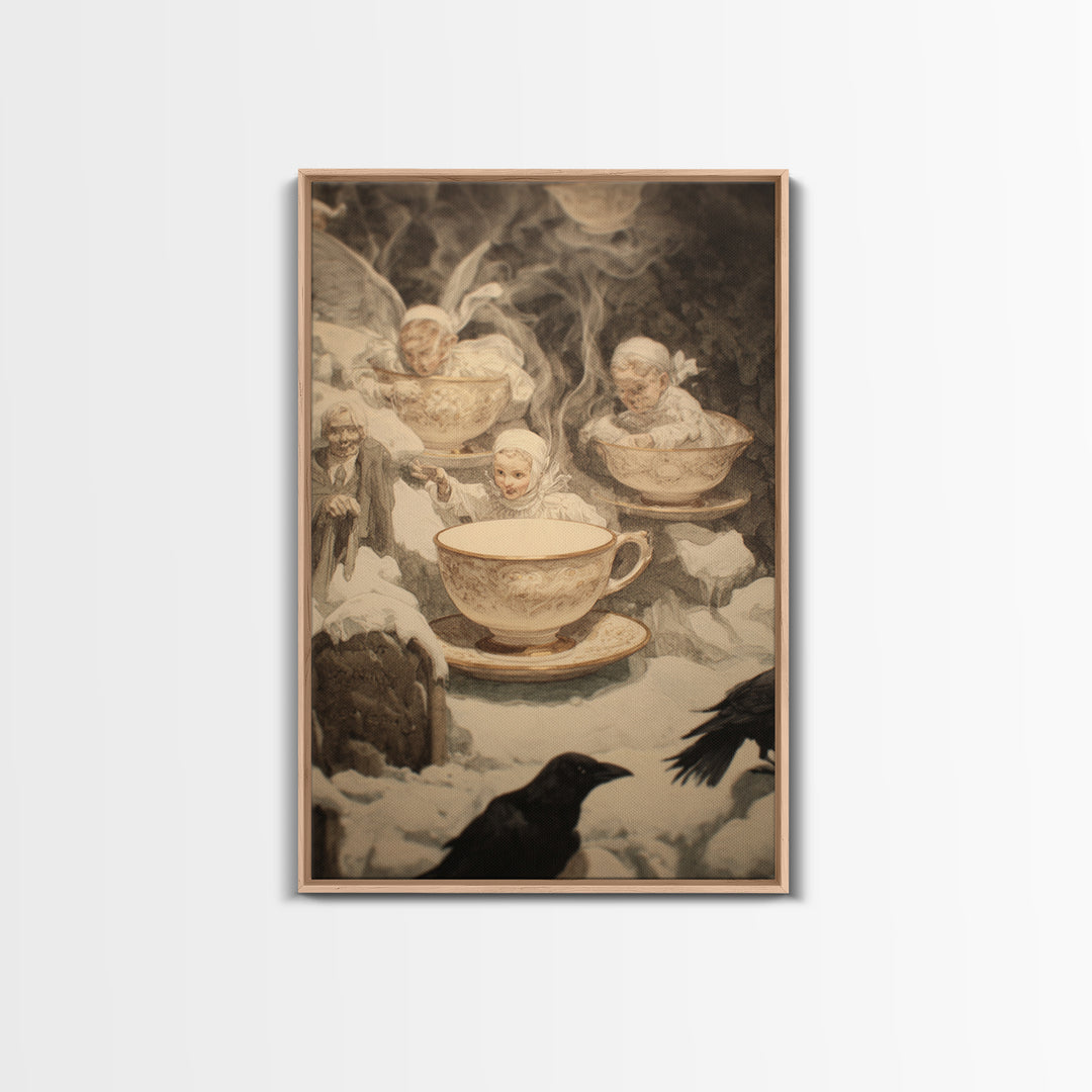 Tiny Ghosts In Teacups, Symbolist Death Art, Vertical Wall Art, Dark Fantasy Wall Art, Canvas Print, Halloween Wall Art