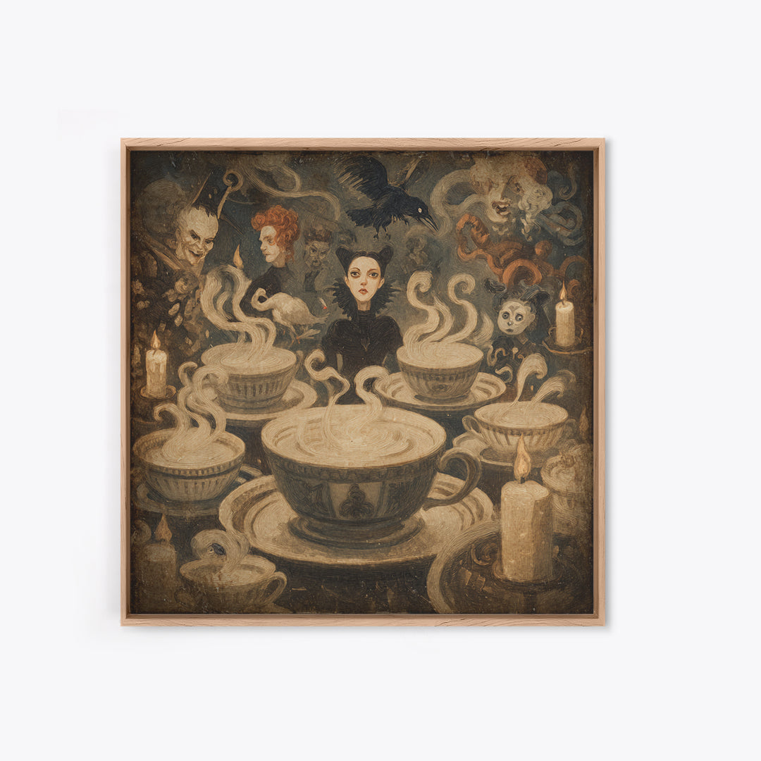 Tiny Ghosts In Teacups, Dark Symbolist Art, Square Wall Art, Gothic Horror Wall Art, Framed Canvas Print, Halloween Wall Art