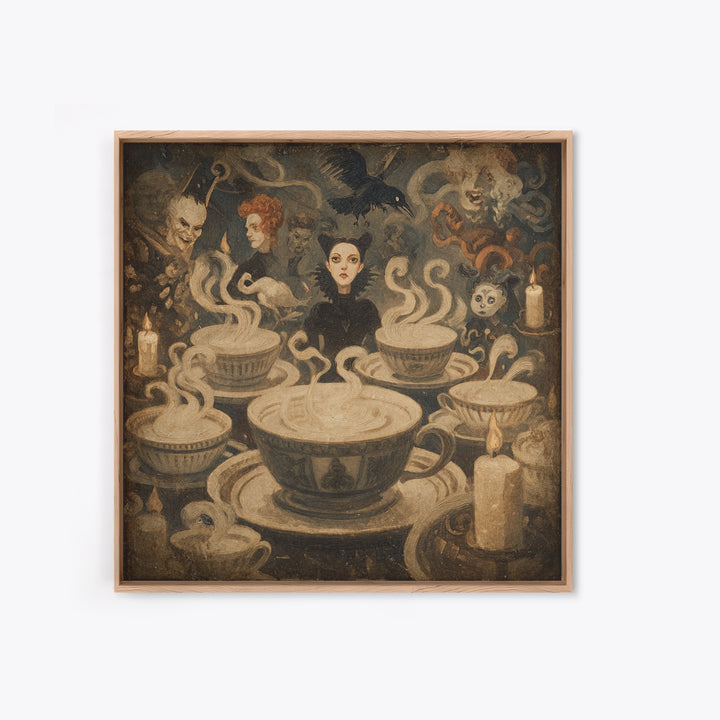 Tiny Ghosts In Teacups, Dark Symbolist Art, Square Wall Art, Gothic Horror Wall Art, Framed Canvas Print, Halloween Wall Art