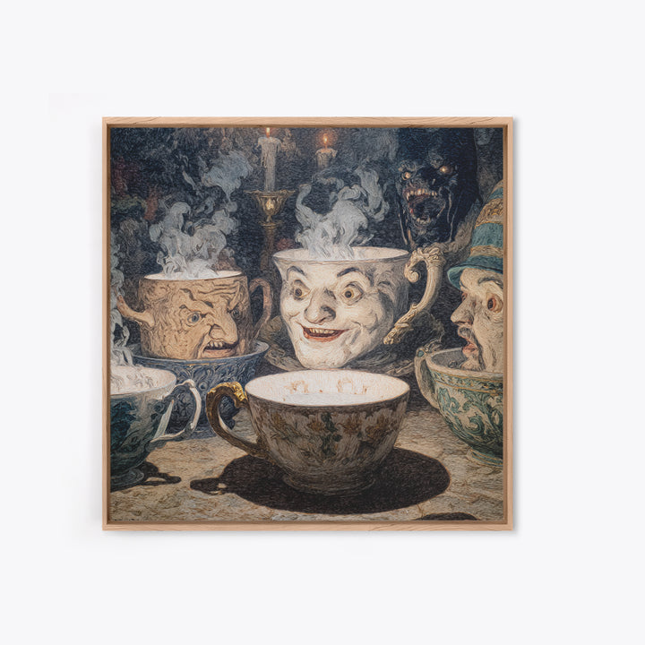 Tiny Ghosts In Teacups, Symbolist Etching Art, Square Wall Art, Dark Fantasy Wall Art, Framed Canvas Print, Halloween Wall Art