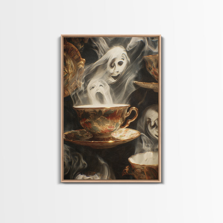 Tiny Ghosts In Teacups, Expressionist Gothic Art, Vertical Wall Art, Dark Fantasy Wall Art, Framed Canvas Print, Halloween Wall Art