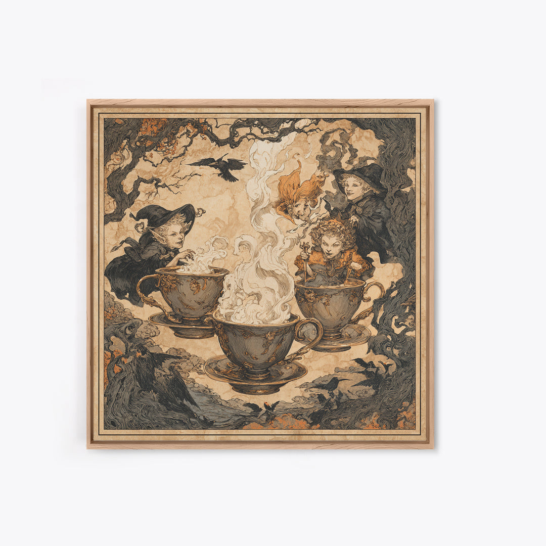 Tiny Ghosts In Teacups, Gothic Storybook Art, Square Wall Art, Macabre Wall Art, Framed Canvas Print, Halloween Wall Art