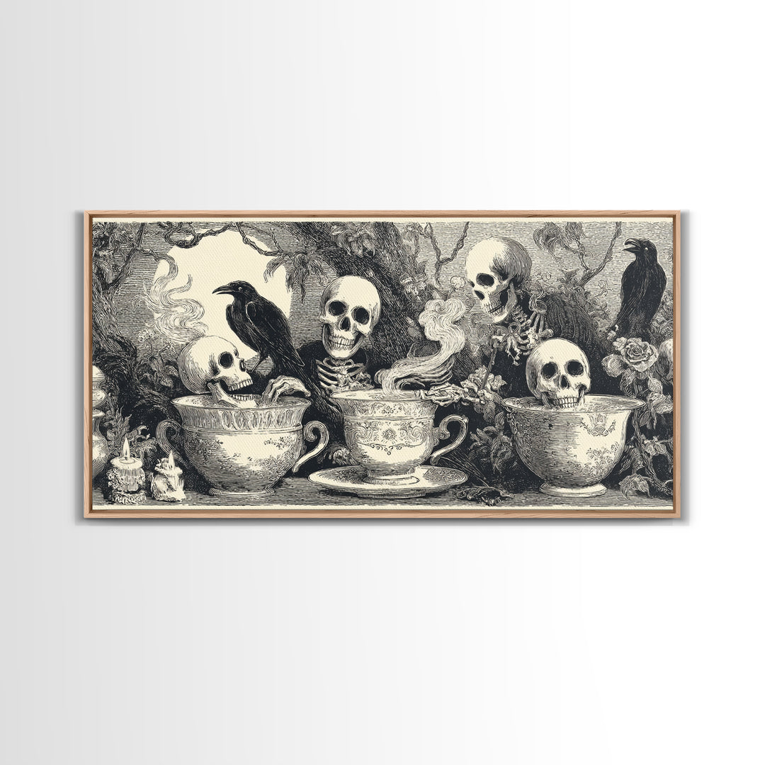 Tiny Ghosts In Teacups, Macabre Folk Print Art, Wide Panoramic Art, Macabre Wall Art, Canvas Print, Halloween Wall Art