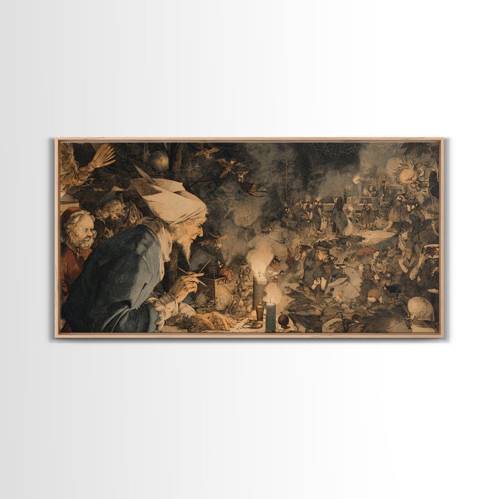 The Spider Sewing Circle, Northern Renaissance Horror, Wide Panoramic Art, Gothic Horror Wall Art, Framed Canvas Print
