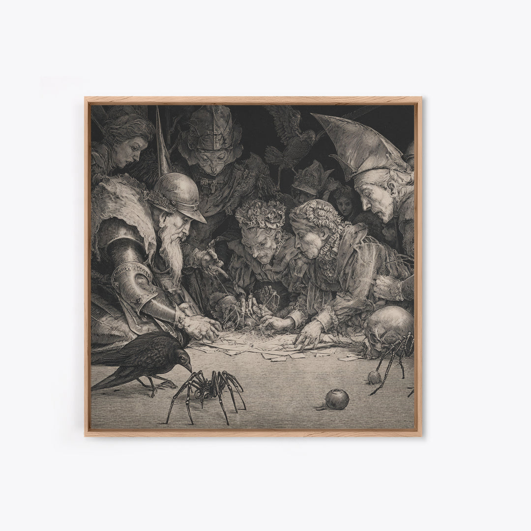 The Spider Sewing Circle, Renaissance Engraving Art, Square Wall Art, Macabre Wall Art, Framed Canvas Print, Halloween Wall Art